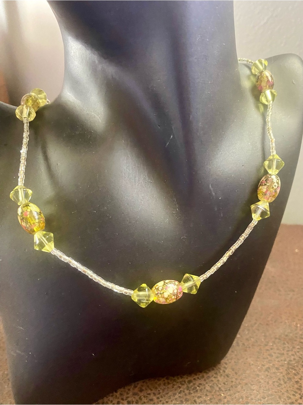 Beautiful Art, Hand Crafted Lampwork Green, Cream, Pink Glass Beaded Necklace